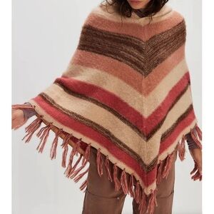 NWOT Free People Striped Hooded Poncho Fall Fringe Pink Brown
